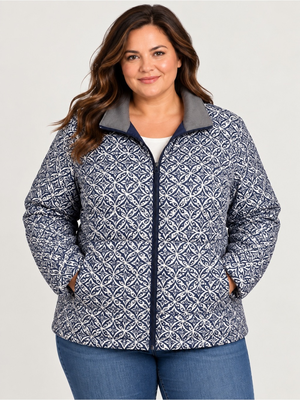 Lands’ End 2X Women’s Down Insulated Puffer Jacket Navy White Geometric Print